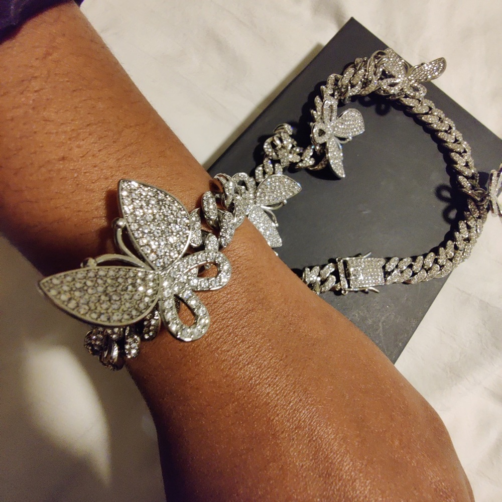Necklace Set, Rhinestone Cuban Link, Butterfly - Picture 8 of 9